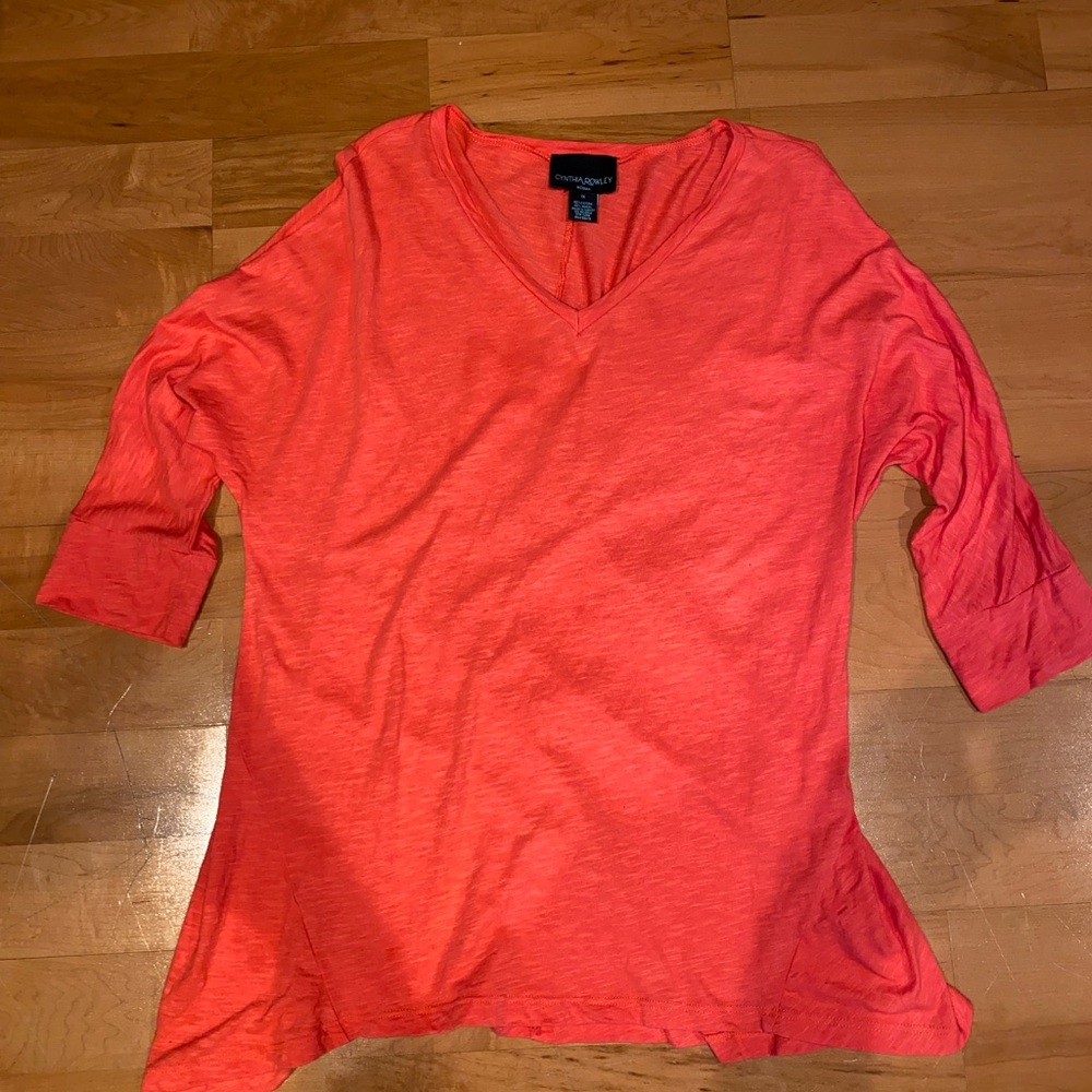 Cynthia Rowley Salmon Pink Asymmetrical V-Neck Tunic Medium Sleeve Shirt